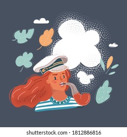 Cartoon vector illustration of sailor woman, captain, isolated on dark background. Seaman face smoke tobacco pipe