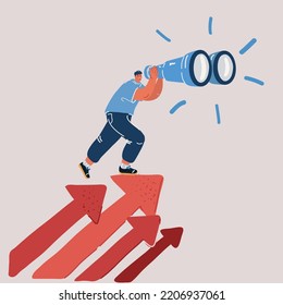 Cartoon vector illustration of salesman standing on big arrow with big binoqular to search oportunities