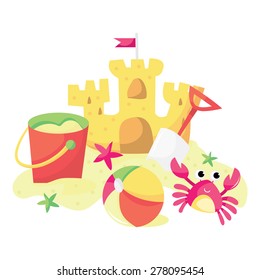 A Cartoon Vector Illustration Of Sandcastle, Bucket, Beach Ball And Cartoon Pink Crab.