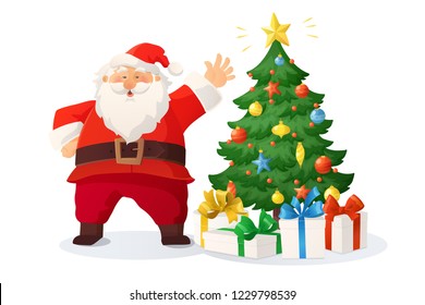 Cartoon vector illustration of Santa Claus and decorated Christmas tree with presents. Winter holidays design elements isolated on white. Funny and cute retro character. For new year cards, banners