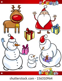 Cartoon Vector Illustration of Santa Claus or Papa Noel, Presents, Gifts and other Christmas Themes set