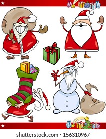 Cartoon Vector Illustration of Santa Claus or Papa Noel, Presents, Gifts and other Christmas Themes set