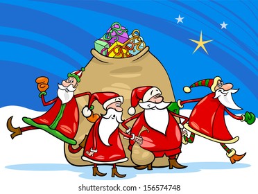 Cartoon Vector Illustration of Santa Claus Group Christmas Characters with Big Sack of Gifts