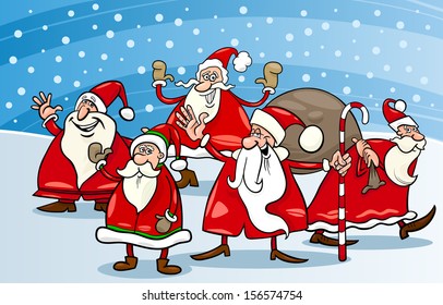 Cartoon Vector Illustration of Santa Claus Characters Group at Christmas Eve