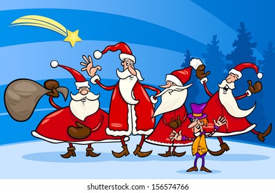 Cartoon Vector Illustration of Santa Claus Group with Elf Christmas Characters