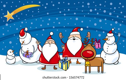 Cartoon Vector Illustration of Santa Claus Characters Group with Snowman and Reindeer