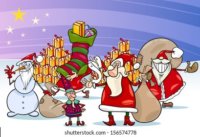 Cartoon Vector Illustration of Santa Claus Group with Presents and Snowman and other Christmas Characters