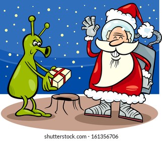 Cartoon Vector Illustration of Santa Claus in Space giving Christmas Present to Funny Alien