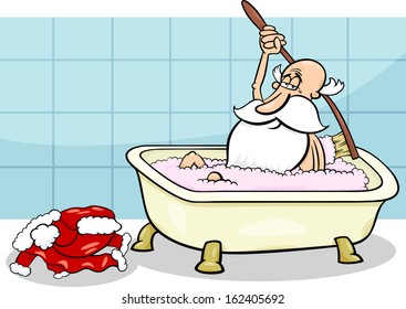 Cartoon Vector Illustration of Santa Claus taking a Bath after Christmas