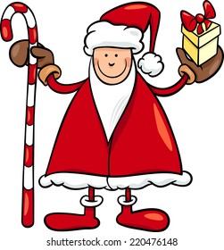 Cartoon Vector Illustration of Santa Claus Character with Cane and Christmas Present