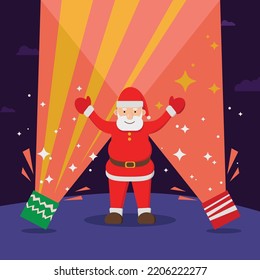 Cartoon vector illustration of Santa Claus and Christmas tree with gifts. Winter holiday design elements on white. Cute and funny retro characters. For new year cards, banners