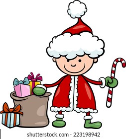 Cartoon Vector Illustration of Santa Claus Boy Character with Christmas Cane and Bag of Presents