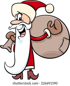 Cartoon Vector Illustration of Santa Claus Character with Sack of Christmas Presents