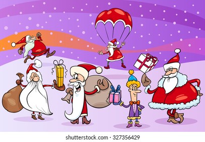 Cartoon Vector Illustration of Santa Claus Characters Group on Christmas Eve