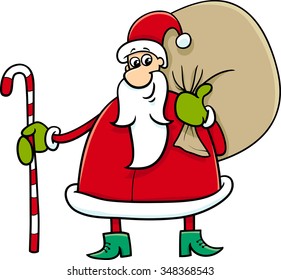 Cartoon Vector Illustration of Santa Claus with Sack and Cane on Christmas Time