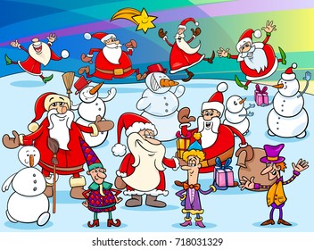 Cartoon Vector Illustration of Santa Claus and Christmas Characters Group