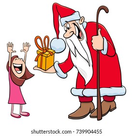 Cartoon Vector Illustration of Santa Claus Christmas Character with Happy Little Girl