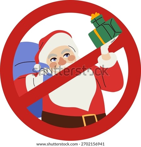 Cartoon vector illustration of Santa Claus holding Christmas presents with a red ban symbol, representing a concept against consumerism. Clip art for holiday campaigns, ethical marketing and social aw