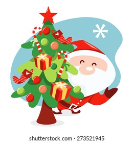 A cartoon vector illustration of a santa clause playing peekaboo behind a christmas tree.