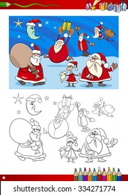 Cartoon Vector Illustration of Santa Clauses Group on Christmas Time for Coloring Book