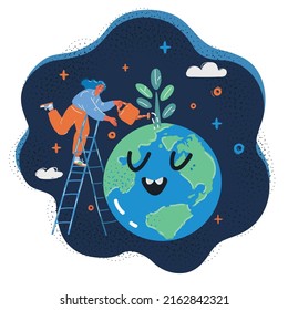 Cartoon vector illustration of Save green nature concept. Woman waterin plant on the Earth over dark backround.