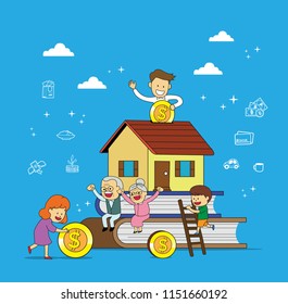 Ilustración vectorial de caricatura Ahorra dinero con padres, hijos y abuelos