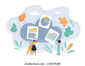 Cartoon vector illustration of saving files. Group of people using cloud storage service. Man and woman work together make remote work.