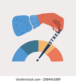 Cartoon vector illustration of scale stress and arrow, speedometer, indicators. Human hand try reduces stress