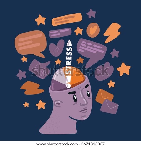 Cartoon vector illustration of scale stress and arrow, speedometer, indicators. Head with stress inside head.