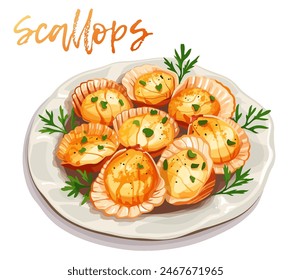 Cartoon vector illustration of scallops on a white plate icon isolated on white background. Seafood scallops plump and seared, with a golden brown crust design