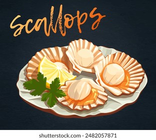 Cartoon vector illustration of scallops on a white plate icon isolated on black chalkboard. Seafood scallops plump and seared, with a golden brown crust design. A sprig of fresh parsley 