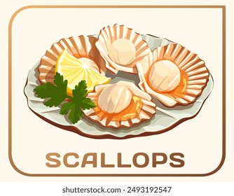 Cartoon vector illustration of scallops. Seafood scallops plump and seared, with a golden brown crust design. A sprig of fresh parsley adds a touch of color and garnish.