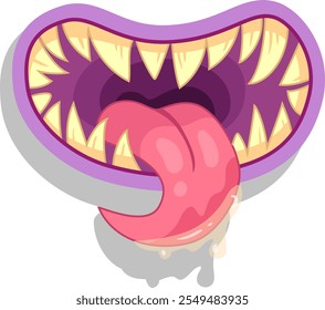 Cartoon vector illustration of a scary monster mouth with sharp teeth and long pink tongue dripping saliva, ideal for halloween projects