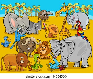 Cartoon Vector Illustration of Scene with African Safari Animals Characters Group