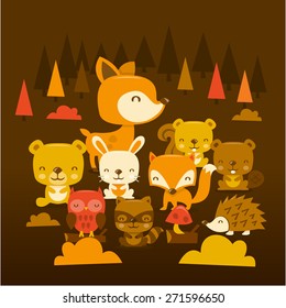 A cartoon vector illustration scene of super cute woodland creatures and critters. Included in this set:- deer, raccoon, bear, beaver, owl, porcupine, squirrel, rabbit and fox. 