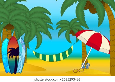 Cartoon vector illustration scene of Tropical beach with palm trees, surfboards, hammock, umbrella, and summer accessories. For summertime, vacations, outdoor, sport, and activity concept design.