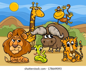 Cartoon Vector Illustration of Scene with Wild African Animals Characters Group