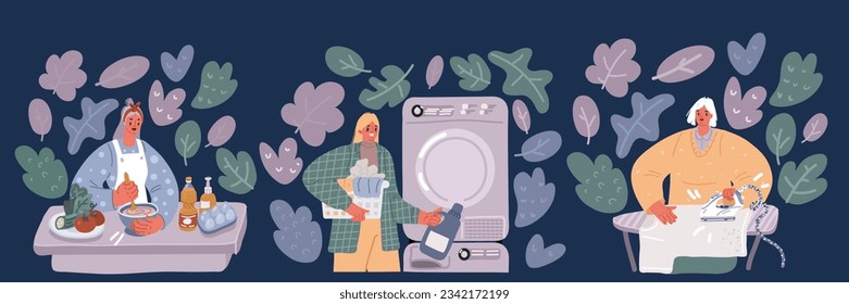 Cartoon vector illustration of scenes with woman or housewife doing housework - washing dishes, ironing clothes over dark bakcround