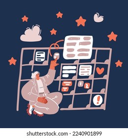 Cartoon vector illustration of schedule in big, Woman organizing planner over dark backrground