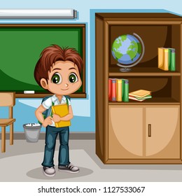 Cartoon Vector Illustration of a School Boy with Backpack and Book. Cute Student Character in a Classroom with Cupboard, Blackboard, Books, Globe and  Chair