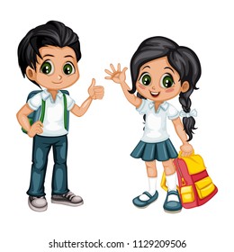 Cartoon Vector Illustration of a School Boy and Girl with Backpacks. Cute Students Waving and Showing Thumb Up 