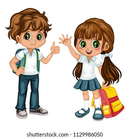 Cartoon Vector Illustration Of A School Boy And Girl With Backpacks. Cute Students Waving And Showing Thumb Up 