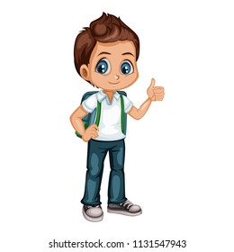 Cartoon Vector Illustration of a School Boy with Backpack. Cute Pupil Showing Thumb Up 