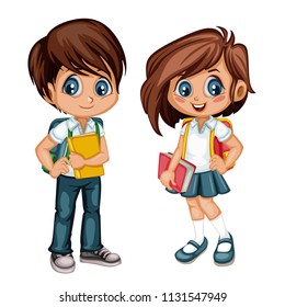 Cartoon Vector Illustration of a School Boy and Girl with Backpacks and Books. Cute Student Characters Isolated on White Background