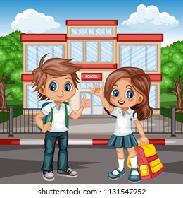 Cartoon Vector Illustration of a School Boy and Girl with Backpacks in front of School Building. Cute Students Waving and Showing Thumb Up. Back to School Cartoon Concept
