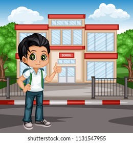 Cartoon Vector Illustration of a School Boy with Backpack in front of a School Building. Cute Student Character Showing Thumb Up and Going to School. Back to School Vector Concept