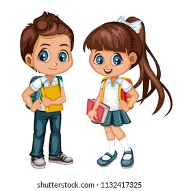 Cartoon Vector Illustration of a School Boy and Girl with Backpacks and Books. Cute Student Characters Isolated on White Background
