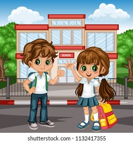 Cartoon Vector Illustration of a School Boy and Girl with Backpacks in front of School Building. Cute Students Waving and Showing Thumb Up. Back to School Cartoon Concept