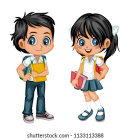 Cartoon Vector Illustration of a School Boy and Girl with Backpacks and Books. Cute Student Characters Isolated on White Background