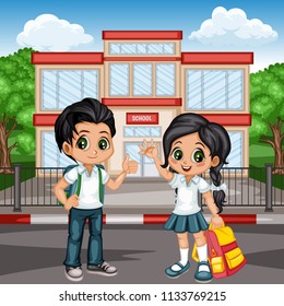 Cartoon Vector Illustration of a School Boy and Girl with Backpacks in front of School Building. Cute Students Waving and Showing Thumb Up. Back to School Cartoon Concept